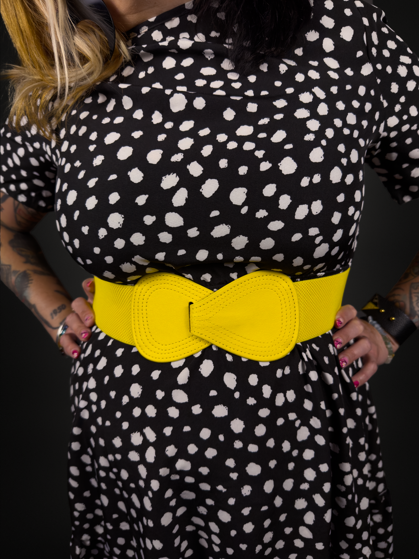 Black & White Cheetah Print Dress & Yellow Wide Bow Belt Outfit Set