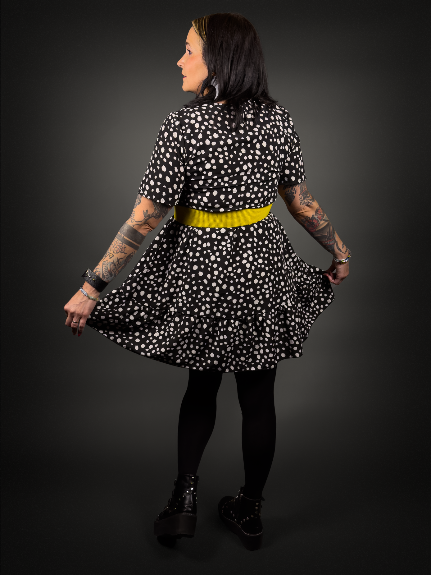 Black & White Cheetah Print Dress & Yellow Wide Bow Belt Outfit Set