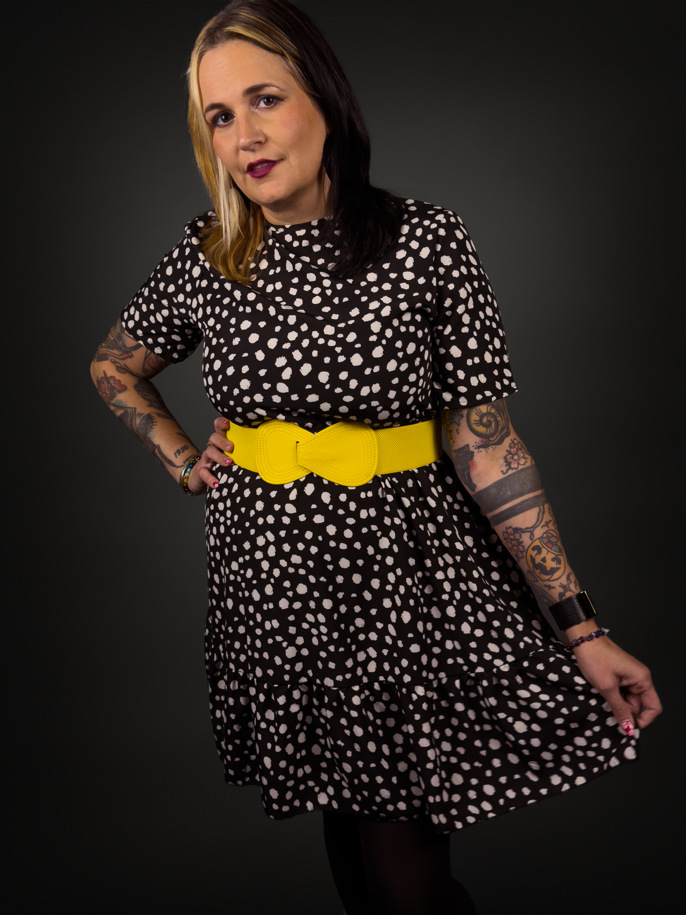 Black & White Cheetah Print Dress & Yellow Wide Bow Belt Outfit Set