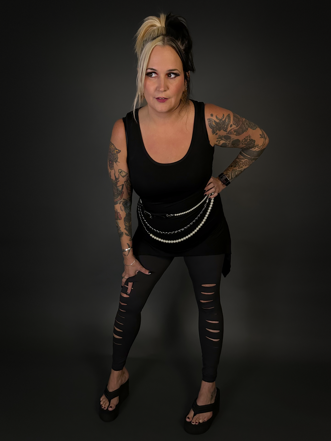 OUTFIT SET - Goth Pointy Bottom Stretch Camisole Dress & Charcoal Ripped Leggings