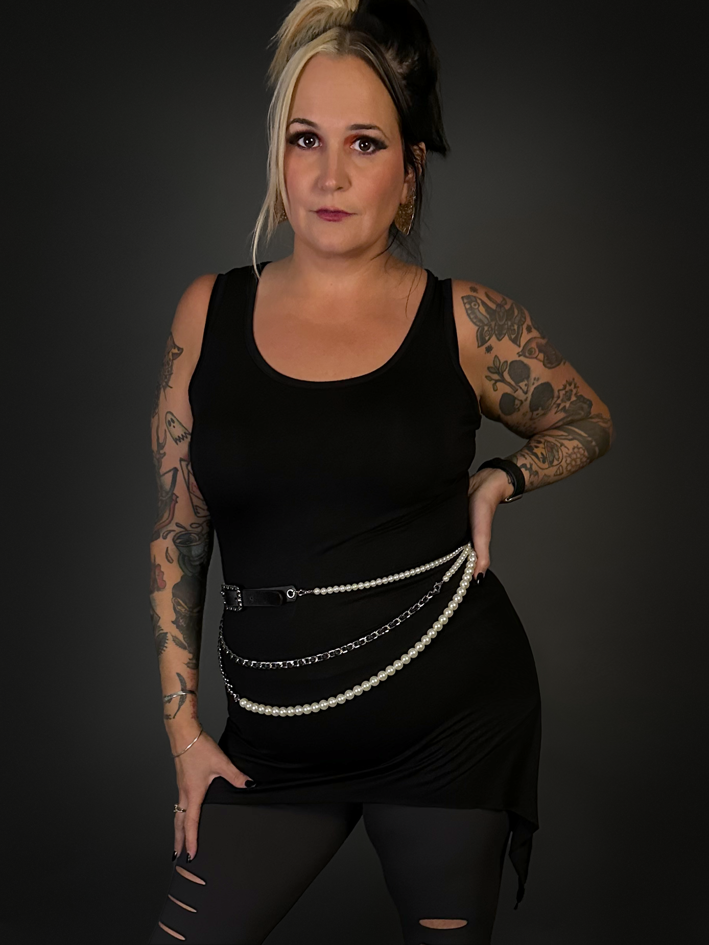 OUTFIT SET - Goth Pointy Bottom Stretch Camisole Dress & Charcoal Ripped Leggings