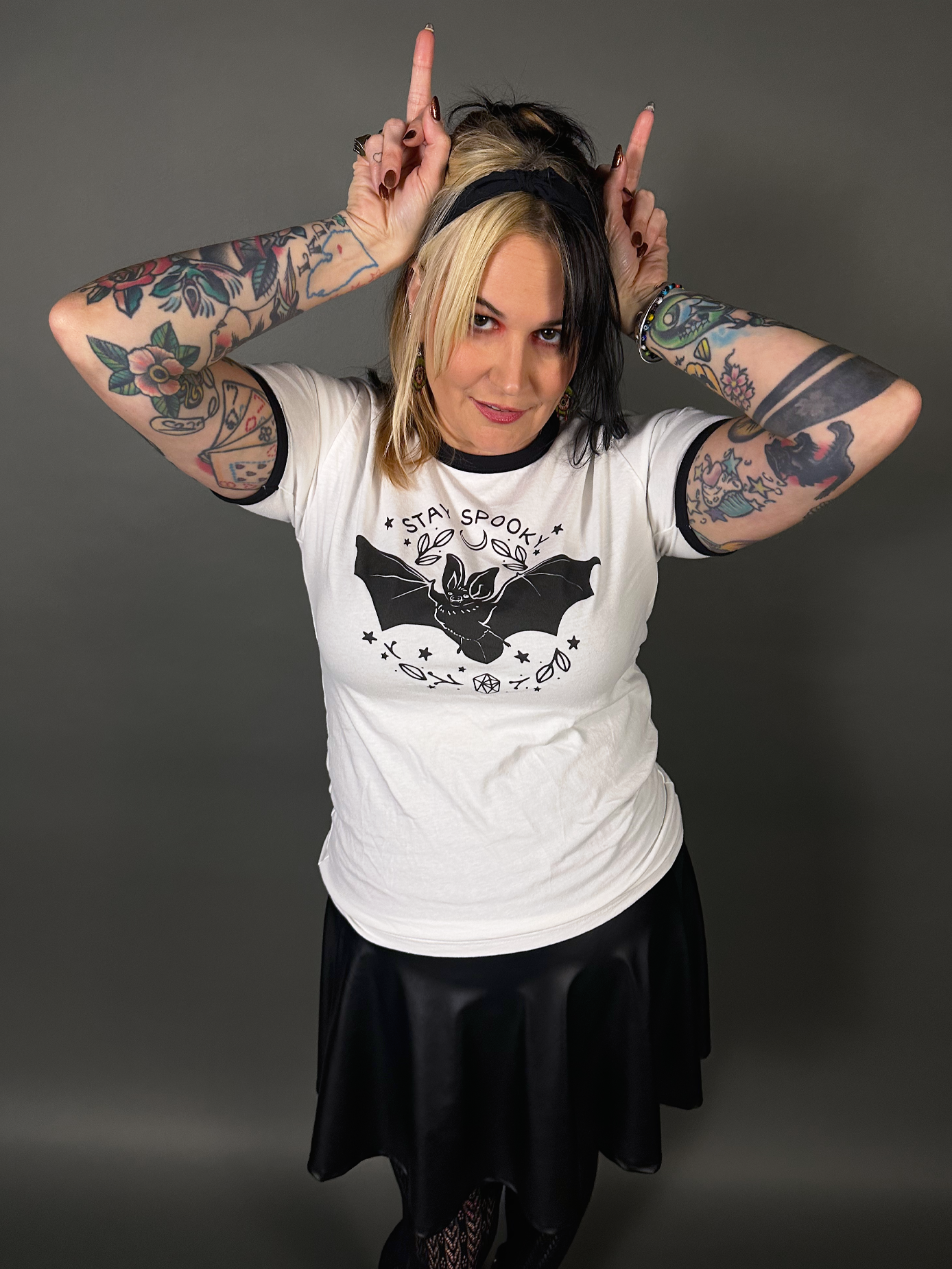 Espi Lane "Stay Spooky" Bat Graphic Ringer Tee in White & Black