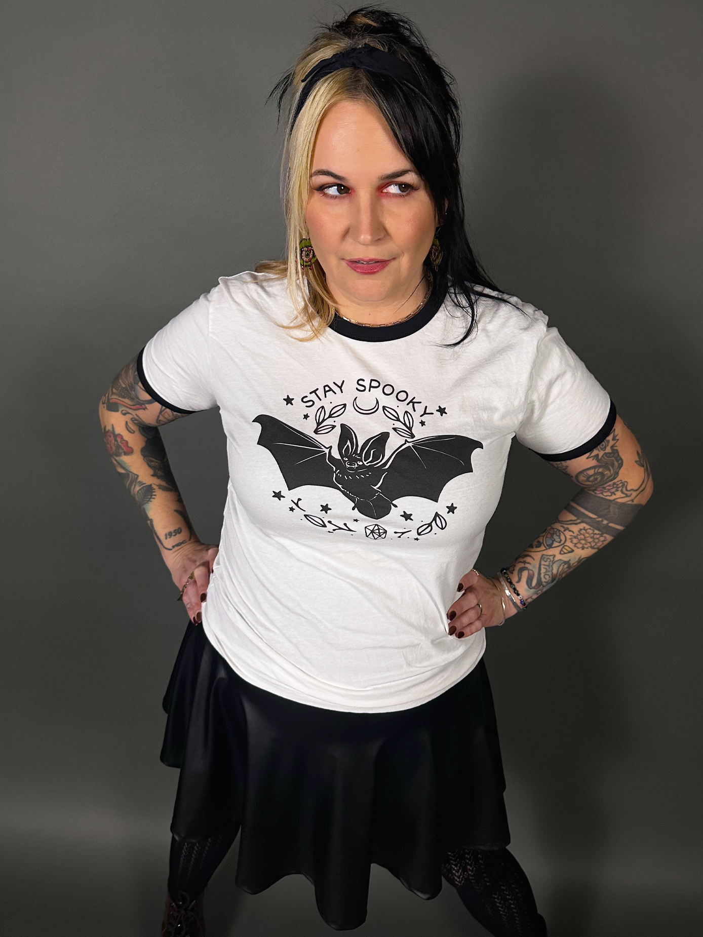 Espi Lane "Stay Spooky" Bat Graphic Ringer Tee in White & Black