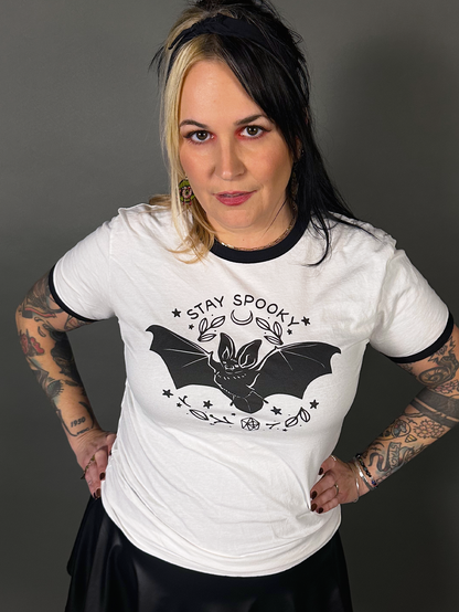 Espi Lane "Stay Spooky" Bat Graphic Ringer Tee in White & Black