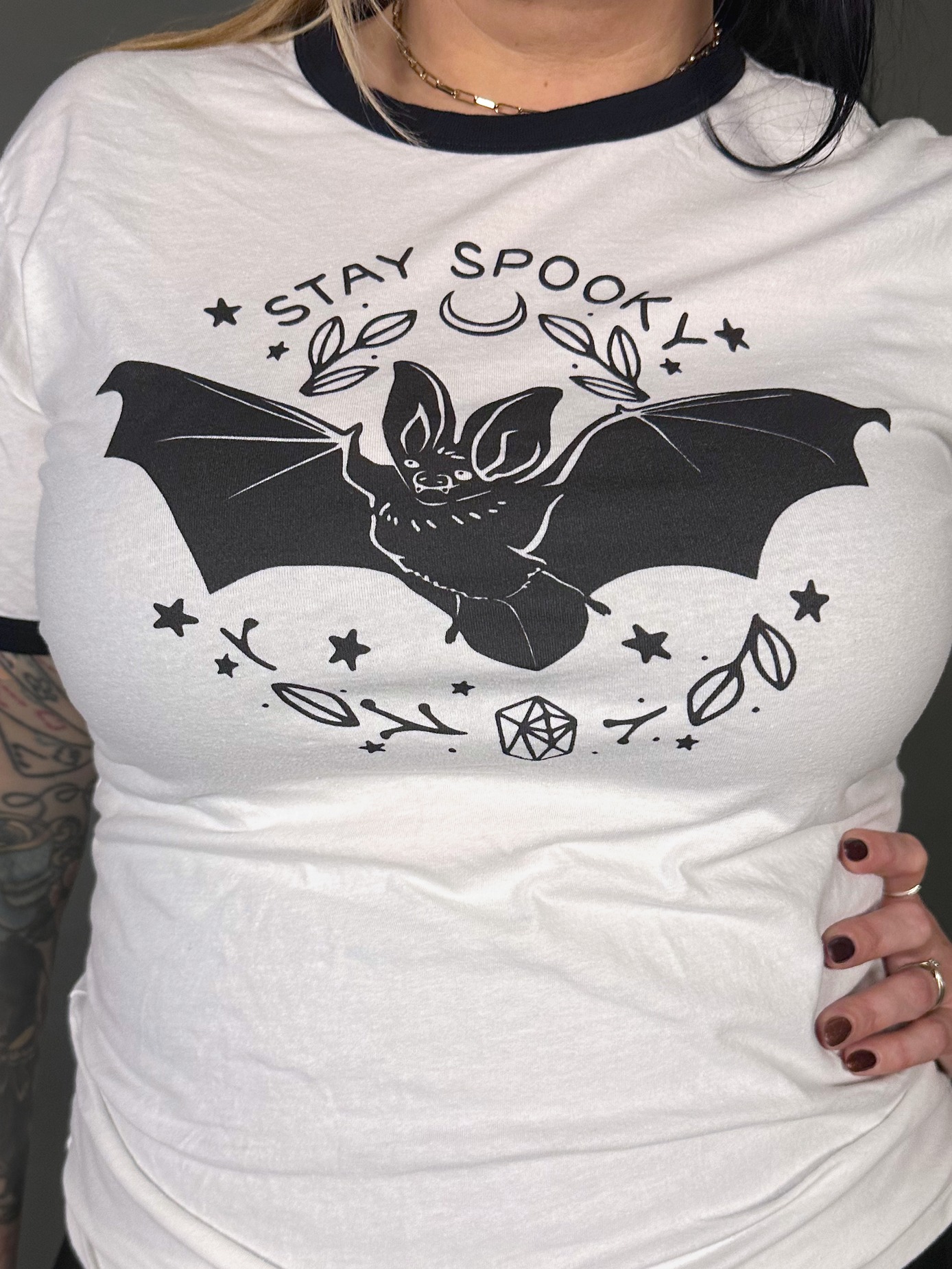 Espi Lane "Stay Spooky" Bat Graphic Ringer Tee in White & Black