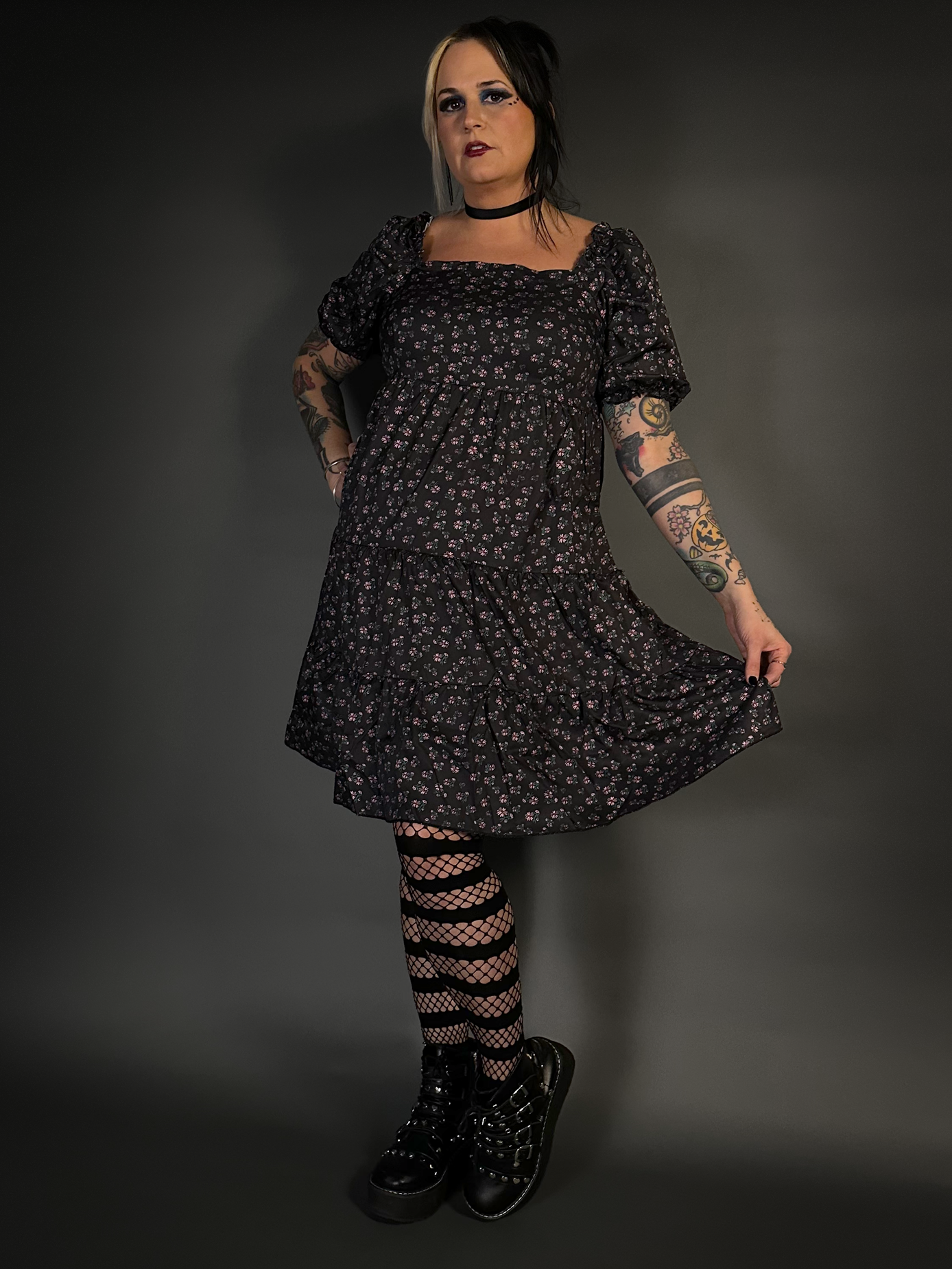 Floral Print French Style Layered Dress with Square Neck Goth / Indie Style