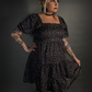 Floral Print French Style Layered Dress with Square Neck Goth / Indie Style