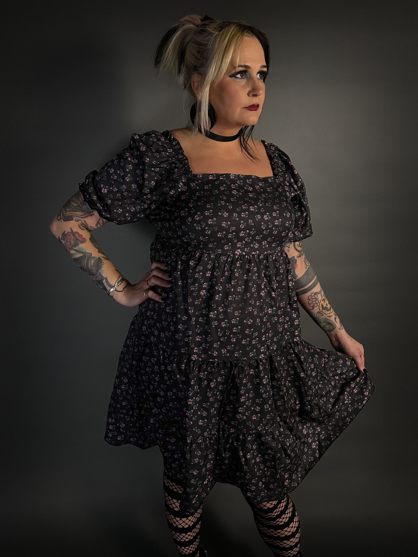 Floral Print French Style Layered Dress with Square Neck Goth / Indie Style