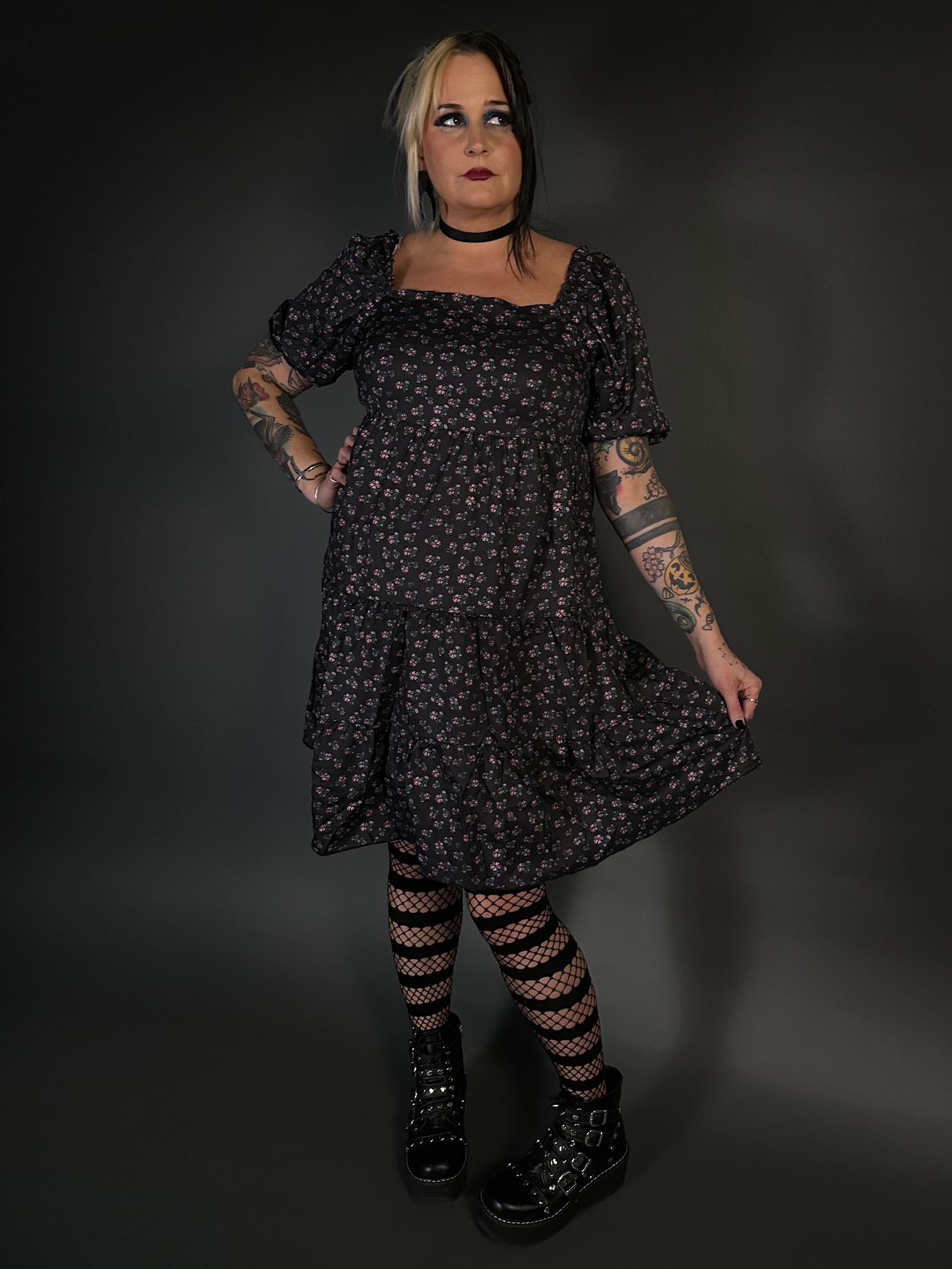 Floral Print French Style Layered Dress with Square Neck Goth / Indie Style