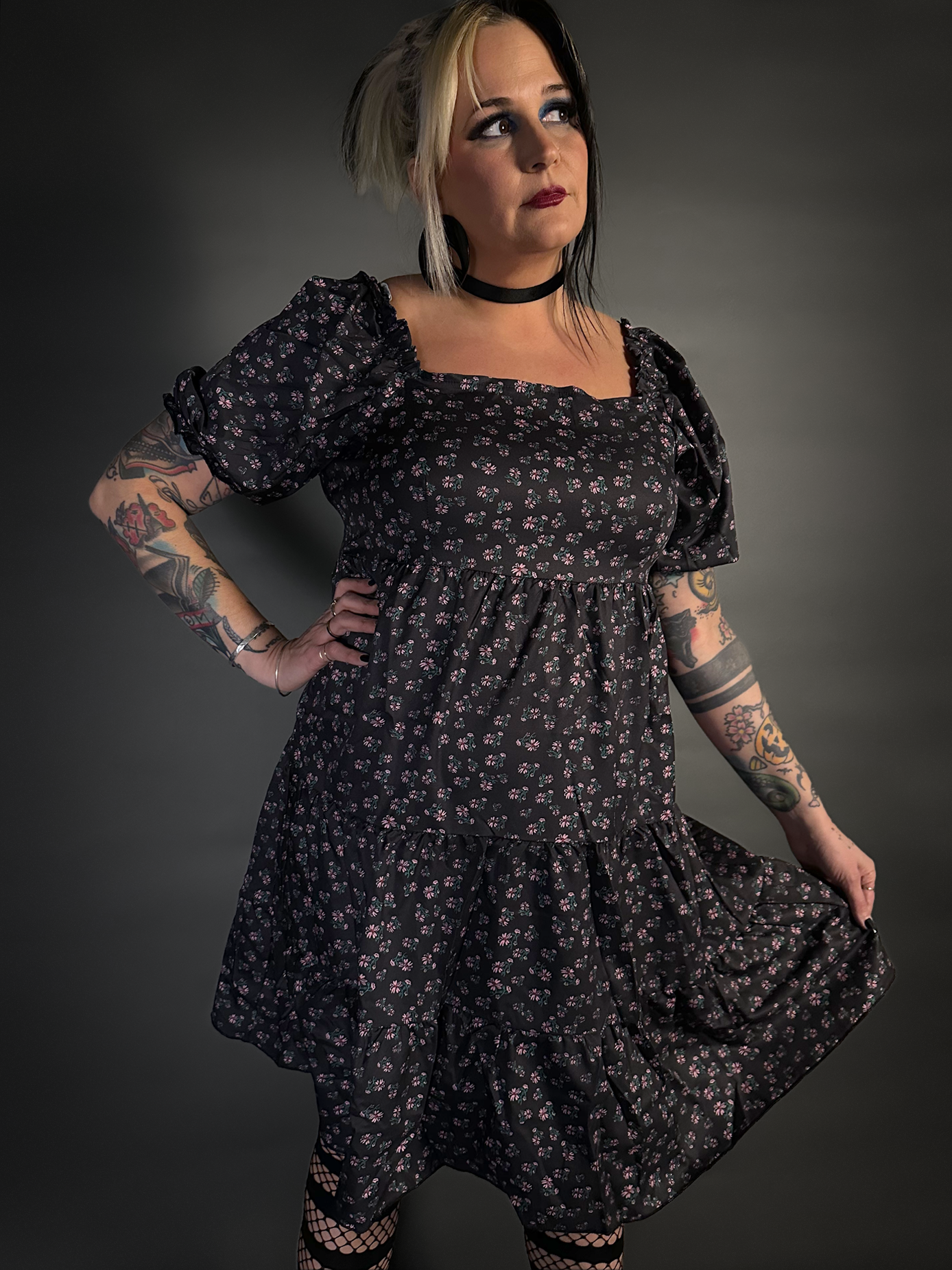 Floral Print French Style Layered Dress with Square Neck Goth / Indie Style