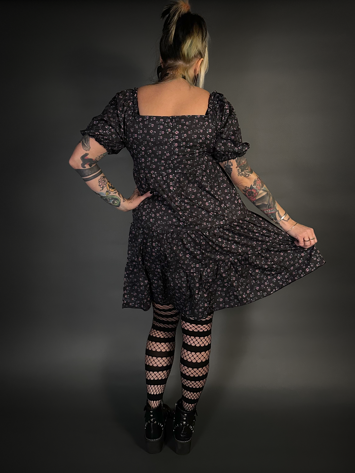 Floral Print French Style Layered Dress with Square Neck Goth / Indie Style