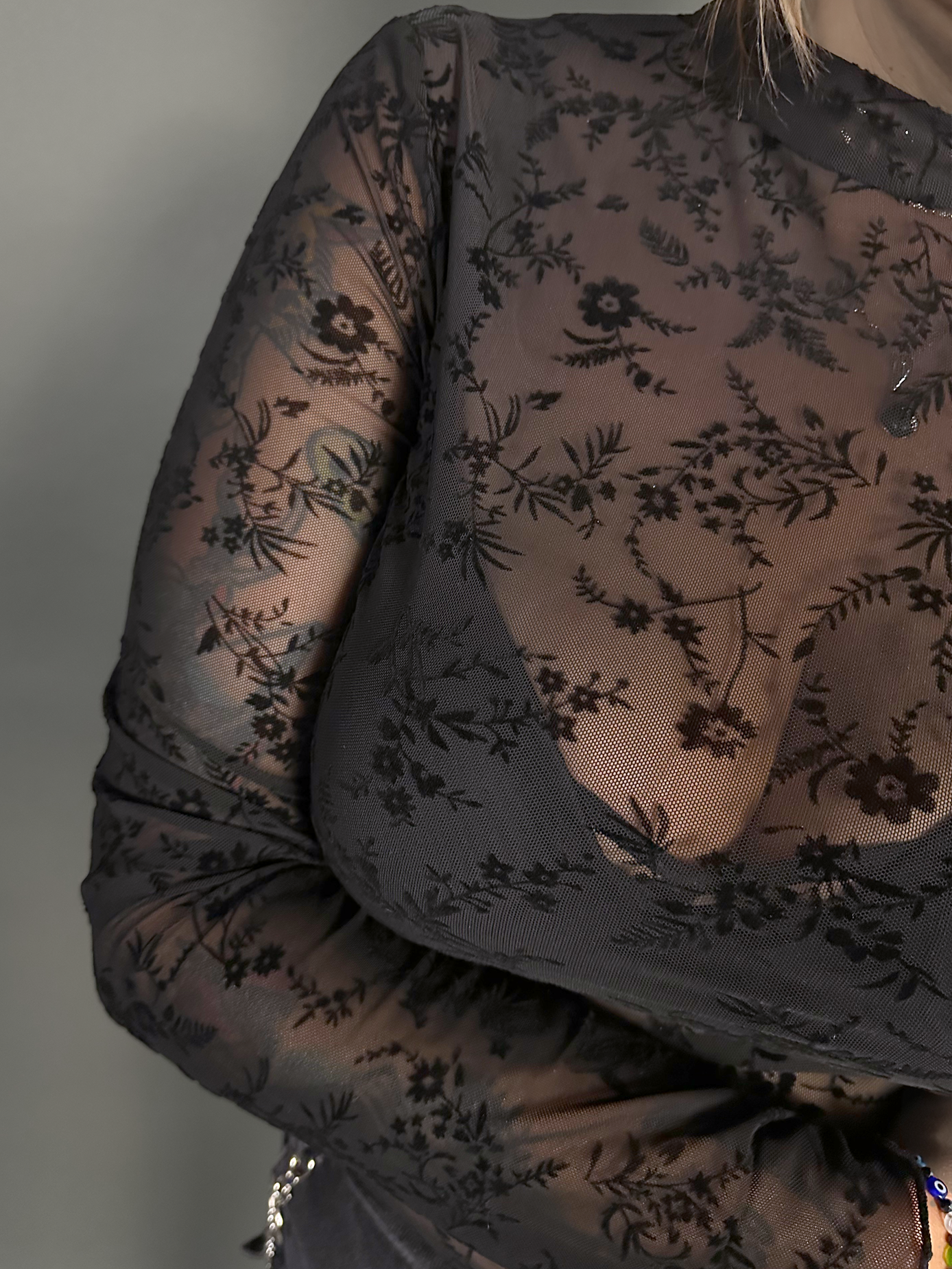 Floral Sheer Long Sleeve Turtle Neck Layering Top