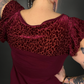 Flutter Sleeve Velvet / Sheer Animal Print Neckline Mini Dress in Wine Red