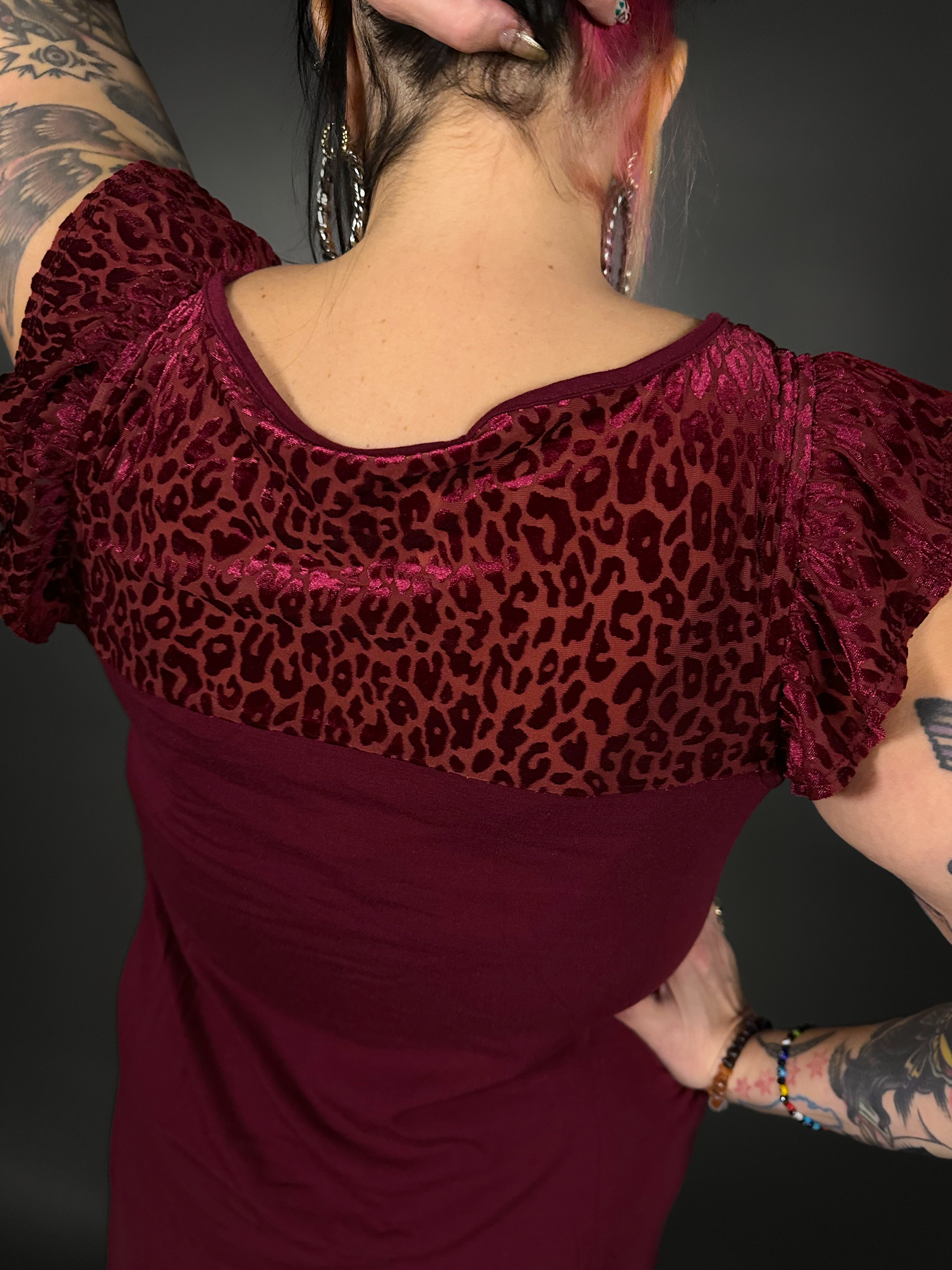 Flutter Sleeve Velvet / Sheer Animal Print Neckline Mini Dress in Wine Red