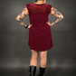 Flutter Sleeve Velvet / Sheer Animal Print Neckline Mini Dress in Wine Red