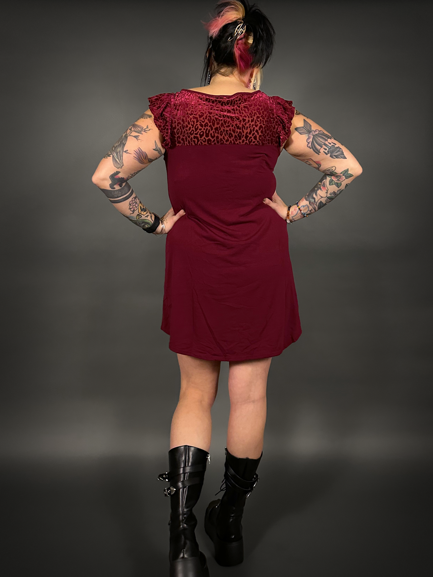 Flutter Sleeve Velvet / Sheer Animal Print Neckline Mini Dress in Wine Red