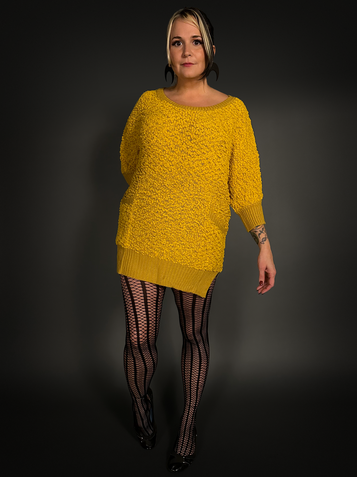 Fuzzy Short Indie Sweater Dress with Pockets in Mustard Yellow