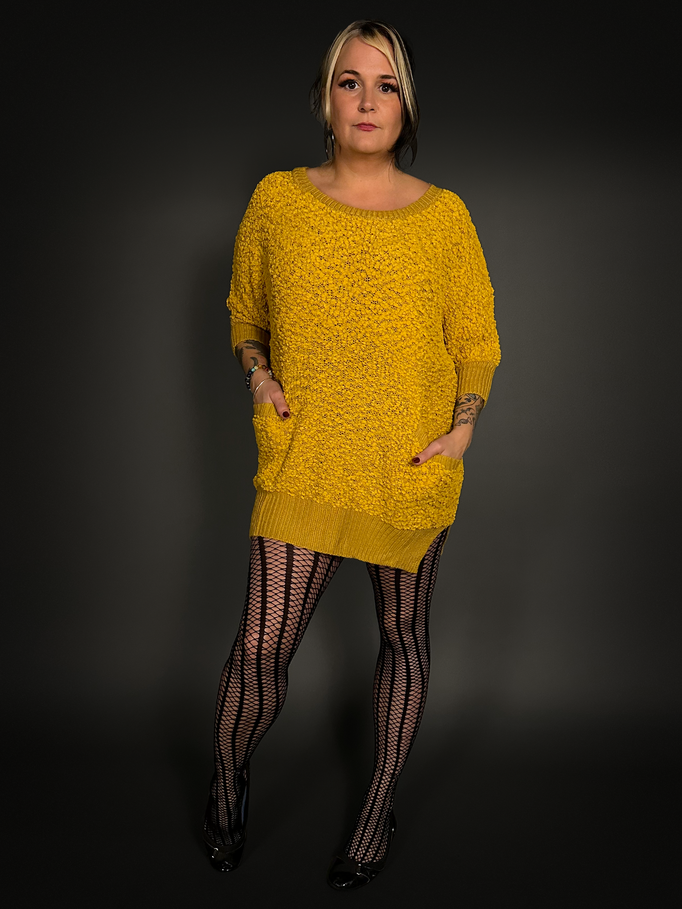 Fuzzy Short Indie Sweater Dress with Pockets in Mustard Yellow