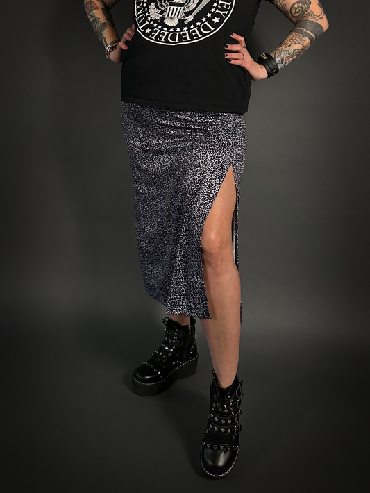 High Slit Animal Print Patterned Midi Stretch Skirt in Black, Blue, & Gray