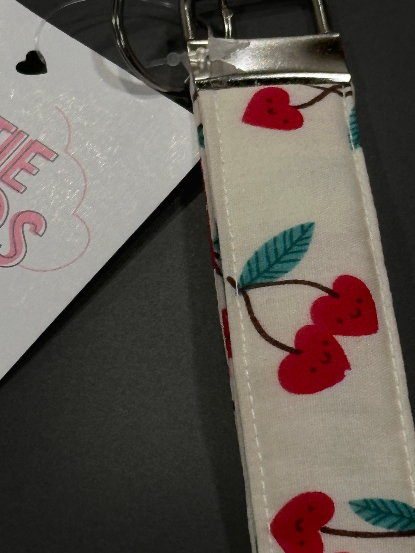 Katie Clouds Keychain Wristlet - Heart Cherries - Hand Made in England