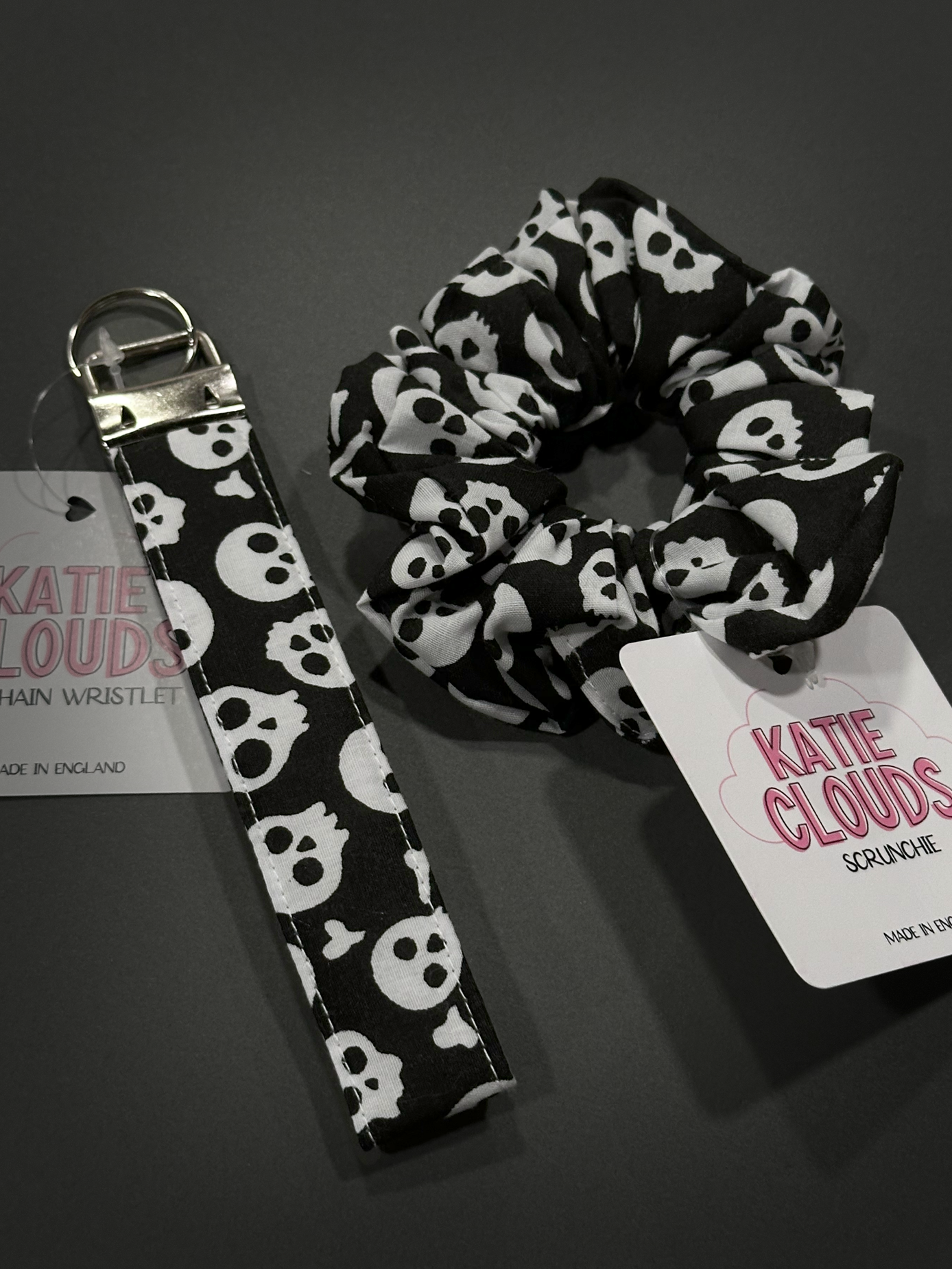 Katie Clouds Scrunchie & Keychain Wristlet Set - Skulls - Hand Made in England