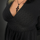 Long Sheer Sleeve Deep V Neck Swiss Dot Lined Dress in Black