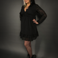 Long Sheer Sleeve Deep V Neck Swiss Dot Lined Dress in Black