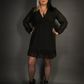 Long Sheer Sleeve Deep V Neck Swiss Dot Lined Dress in Black