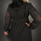 Long Sheer Sleeve Deep V Neck Swiss Dot Lined Dress in Black