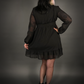 Long Sheer Sleeve Deep V Neck Swiss Dot Lined Dress in Black