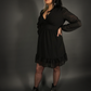 Long Sheer Sleeve Deep V Neck Swiss Dot Lined Dress in Black