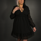 Long Sheer Sleeve Deep V Neck Swiss Dot Lined Dress in Black