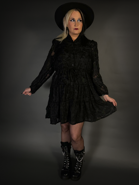 Long Sleeve Button-up Goth Dress with Fuzzy 3D Jacquard Lace in Black