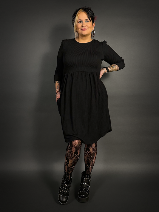 Long Sleeve Ribbed Babydoll Dress with Pockets in Black