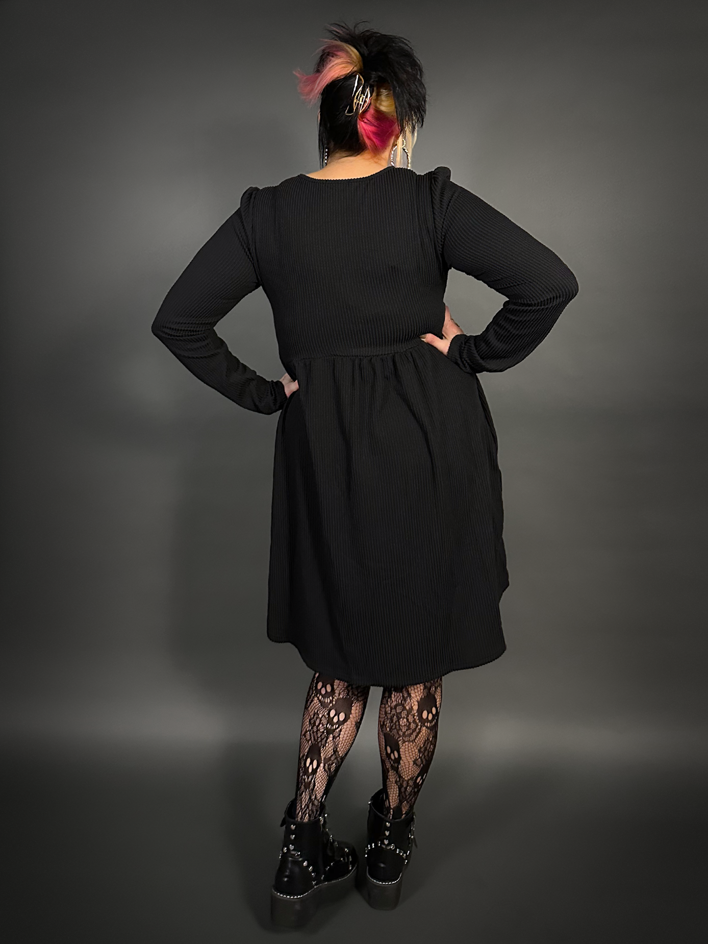 Long Sleeve Ribbed Babydoll Dress with Pockets in Black Tommyrot.shop Long Sleeve Ribbed Babydoll Dress with Pockets in Black Tommyrot.shop