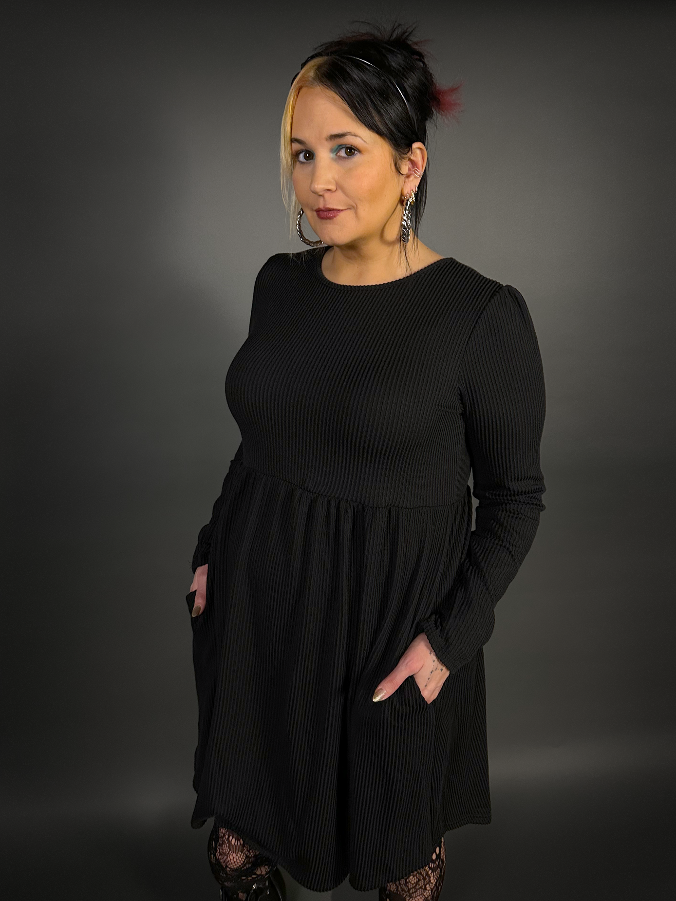 Long Sleeve Ribbed Babydoll Dress with Pockets in Black Long Sleeve Ribbed Babydoll Dress with Pockets in Black