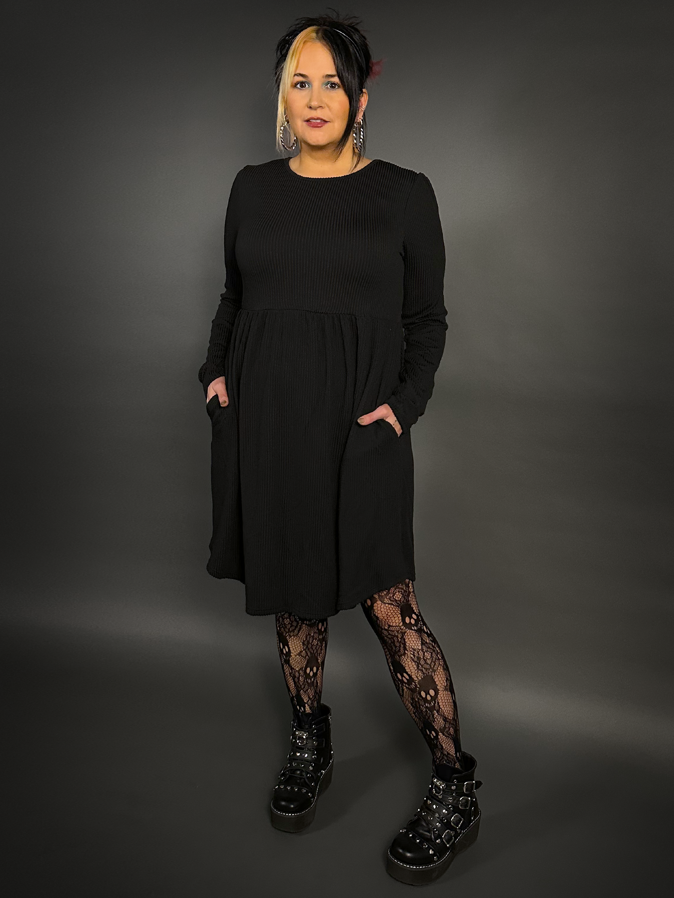 Long Sleeve Ribbed Babydoll Dress with Pockets in Black Tommyrot.shop Long Sleeve Ribbed Babydoll Dress with Pockets in Black Tommyrot.shop