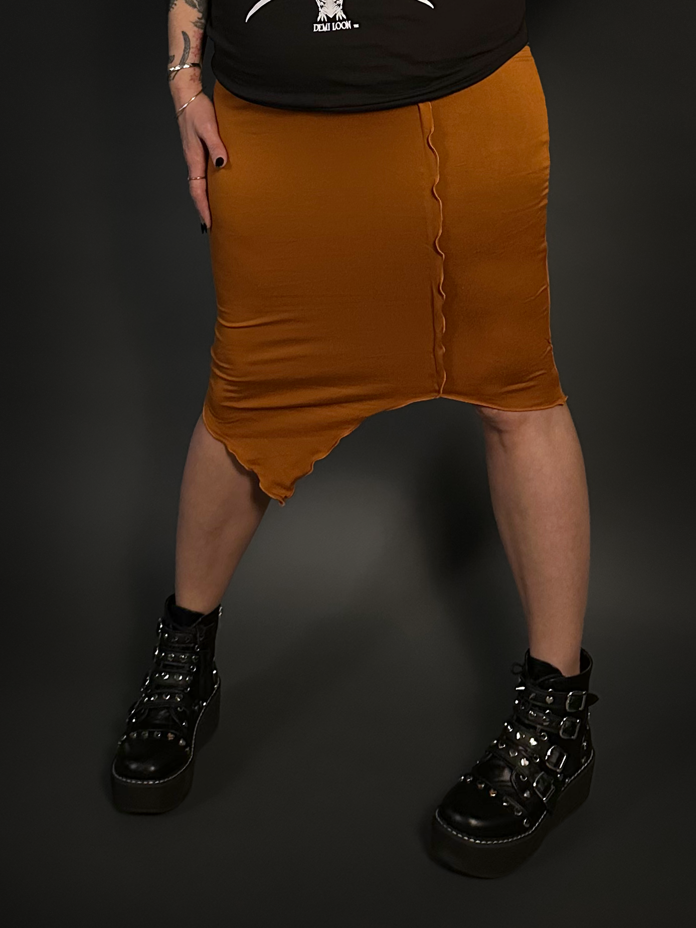 Merrow Hem Stretch Midi Skirt in "Every Day is Halloween" Orange