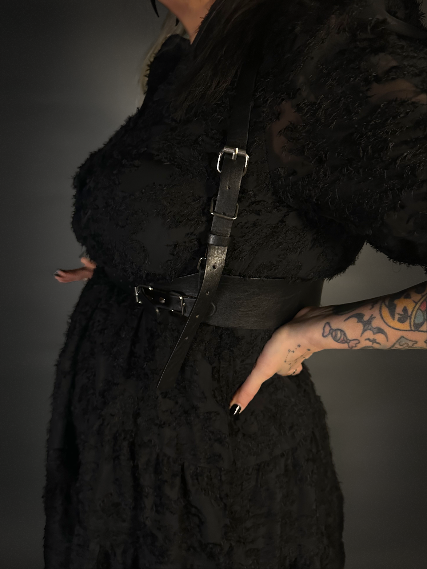 Outfit Set - Black Long Sleeve Button-up Goth Dress & Black Shoulder Harness Belt