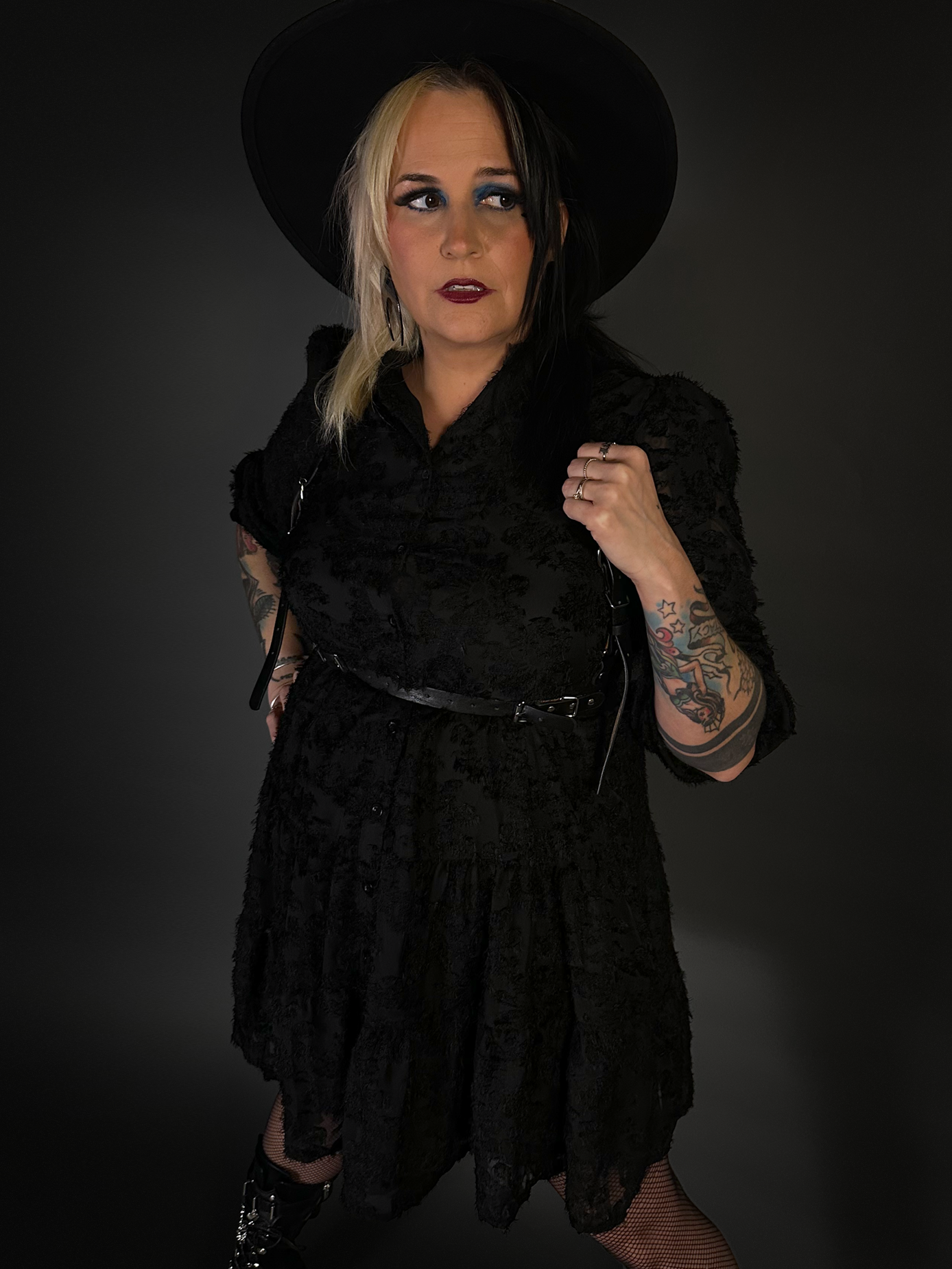 Outfit Set - Black Long Sleeve Button-up Goth Dress & Black Shoulder Harness Belt