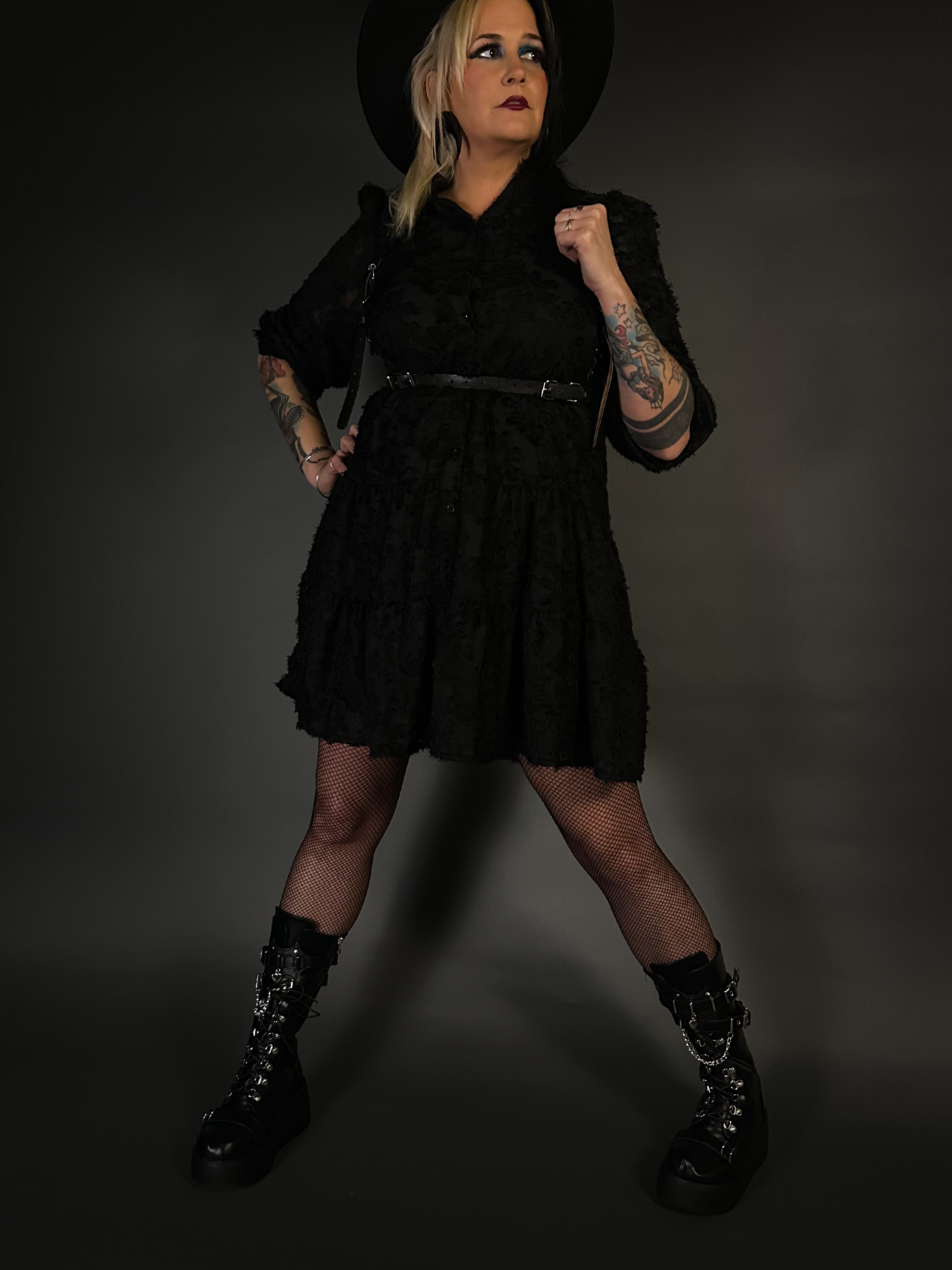 Outfit Set - Black Long Sleeve Button-up Goth Dress & Black Shoulder Harness Belt