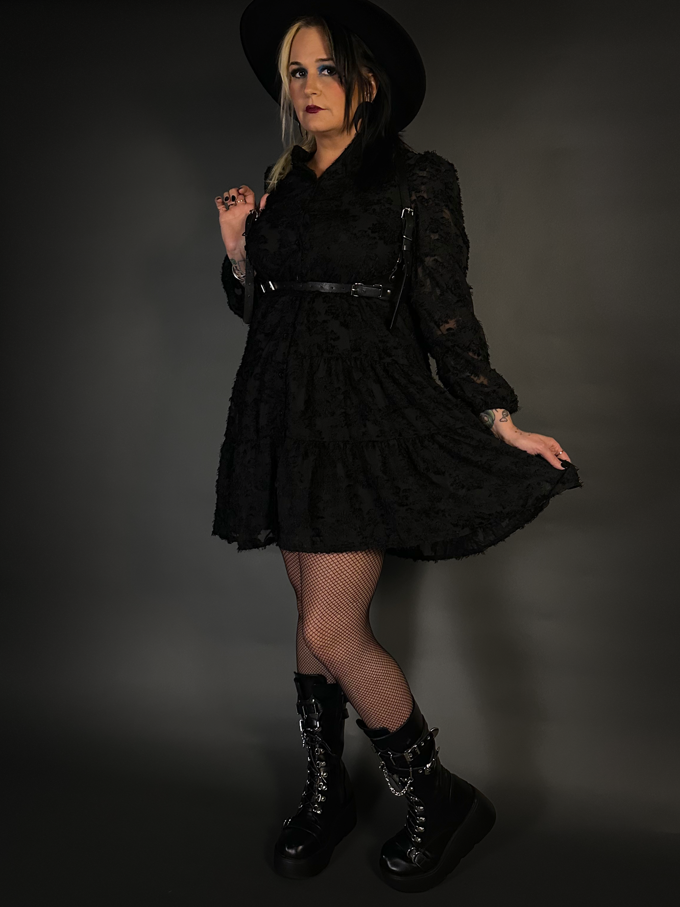 Outfit Set - Black Long Sleeve Button-up Goth Dress & Black Shoulder Harness Belt