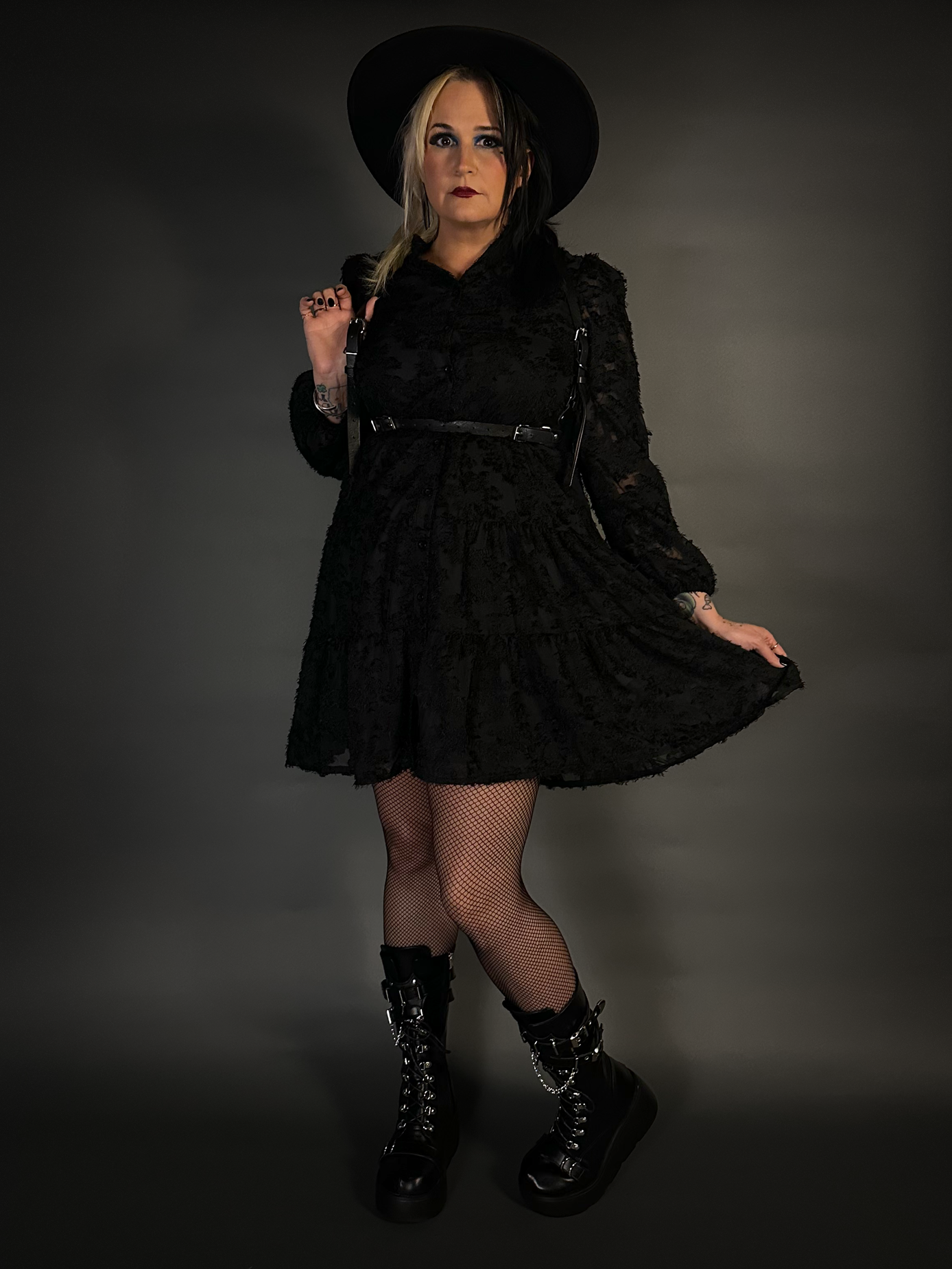 Outfit Set - Black Long Sleeve Button-up Goth Dress & Black Shoulder Harness Belt