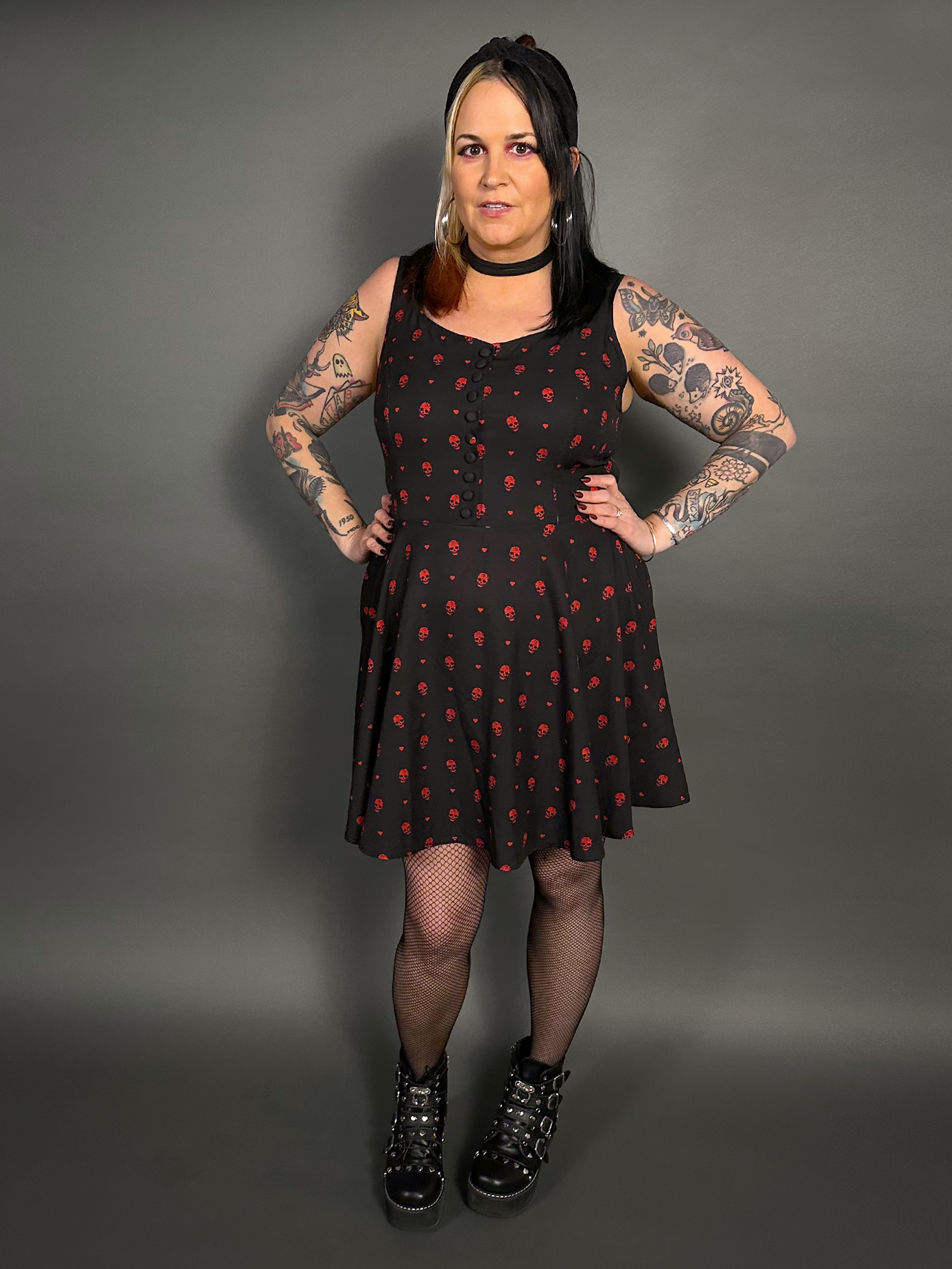 Outfit Set - Tommyrot "Hearts & Skulls" Sleeveless Mini Swing Dress & Fishnet Tights by Pamela Mann