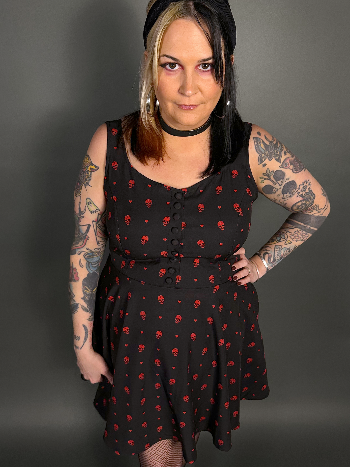 Outfit Set - Tommyrot "Hearts & Skulls" Sleeveless Mini Swing Dress & Fishnet Tights by Pamela Mann