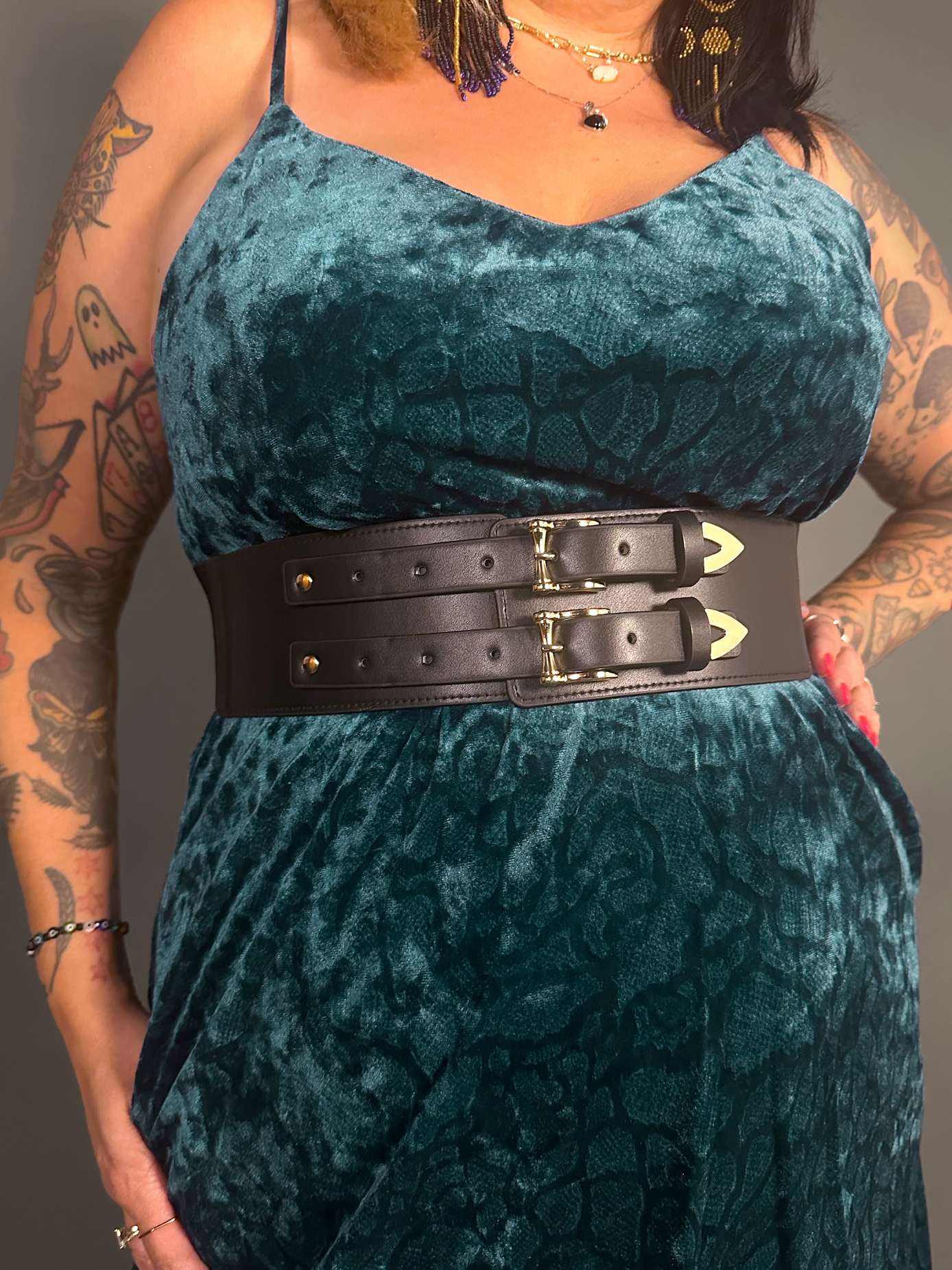 Outfit Set - Animal Ember Velvet Mini Dress in Teal & Two Buckle Corset Belt