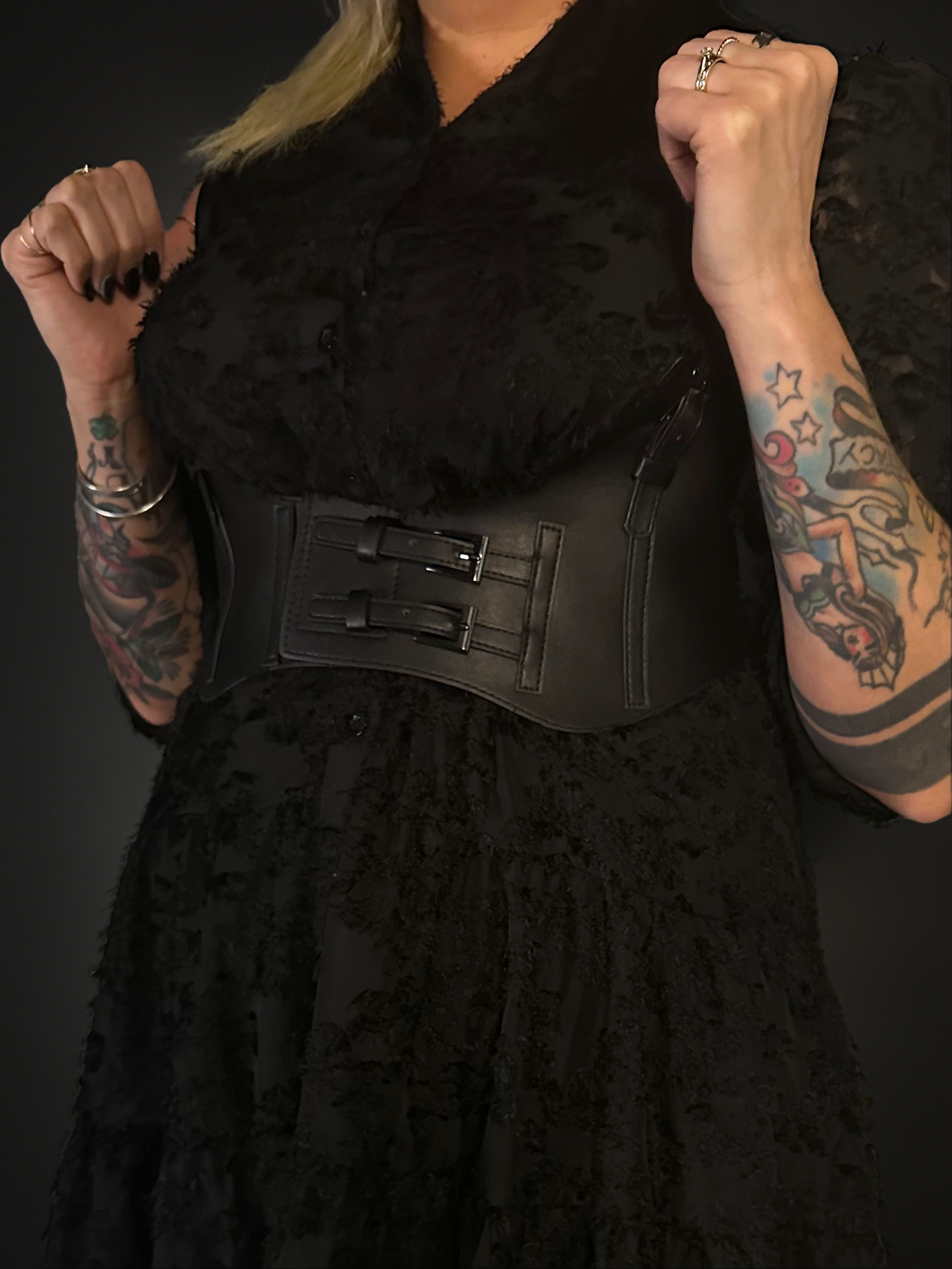 Outfit Set - Black Long Sleeve Button-up Goth Dress & Underbust Harness Corset Belt