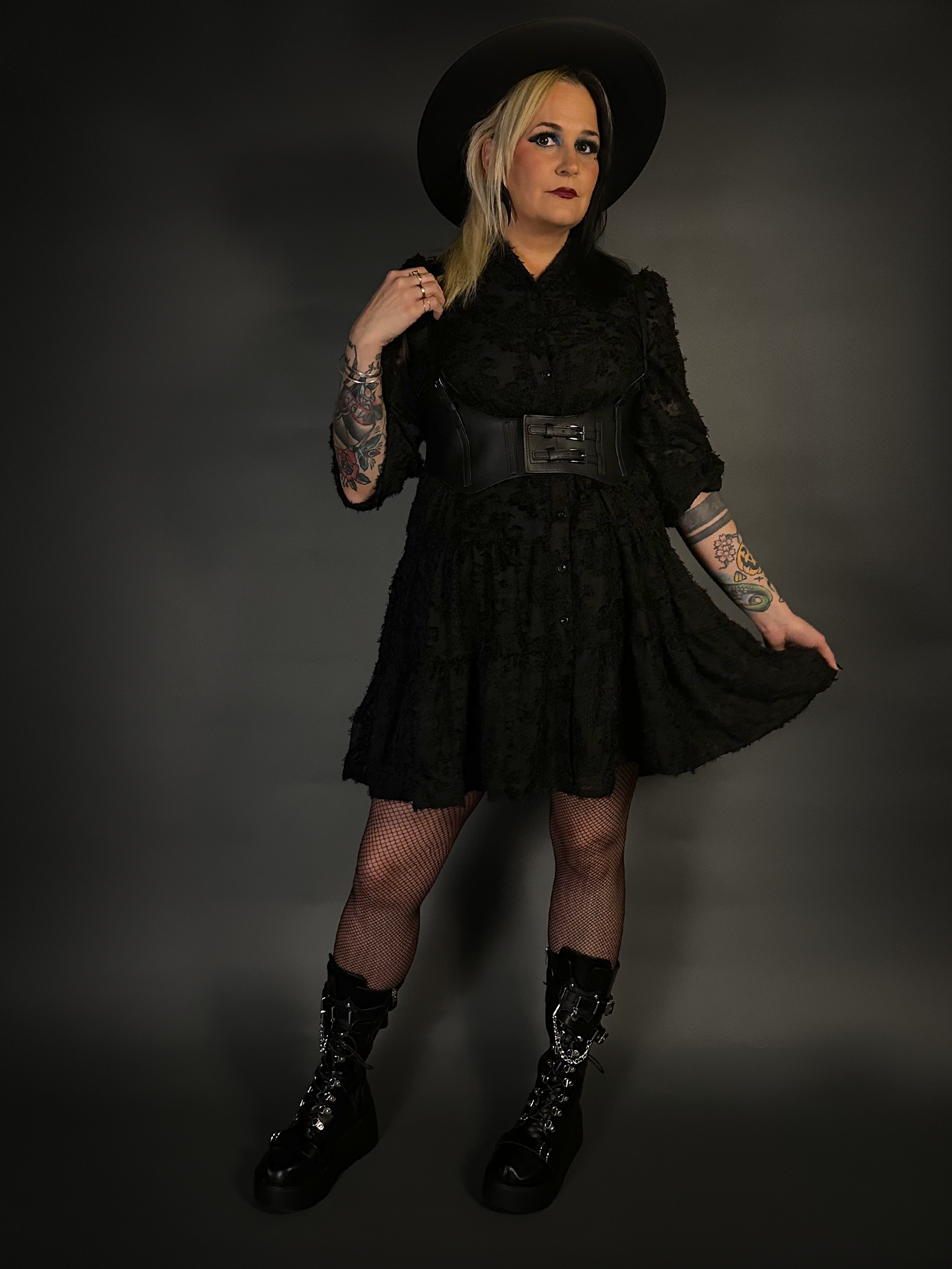 Outfit Set - Black Long Sleeve Button-up Goth Dress & Underbust Harness Corset Belt