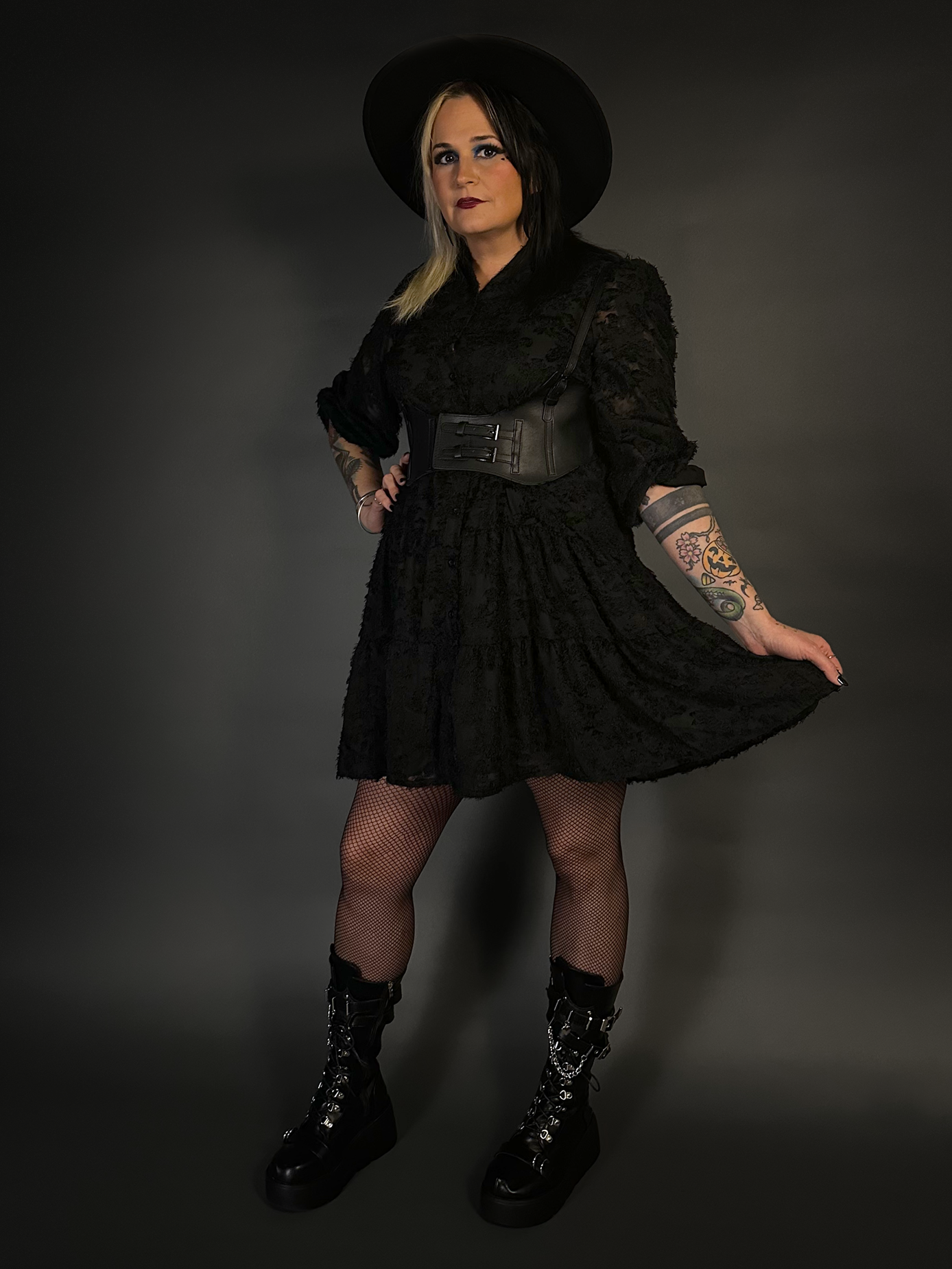 Outfit Set - Black Long Sleeve Button-up Goth Dress & Underbust Harness Corset Belt