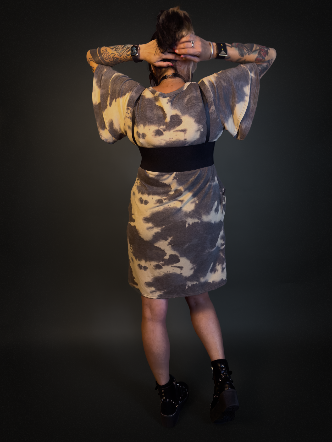 Outfit Set - Charcoal Ruffeld Sleeve Tie Dye Pockets Dress & Harness Corset Belt Punk Style